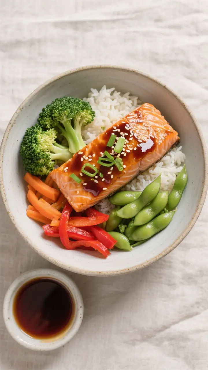 Tasty top view: Overhead shot of assembled Teriyaki Salmon Bowl—fluffy jasmine rice, crisp-tender