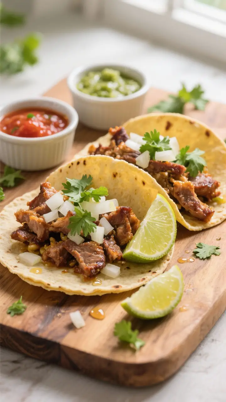 Tasty top view: Overhead shot of carnitas tacos on a warm, rustic wooden board—corn tortillas pile