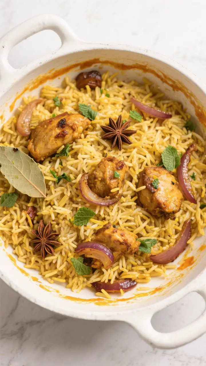 Tasty top view: Overhead shot of chicken biryani rice just finished steaming—long grains separate
