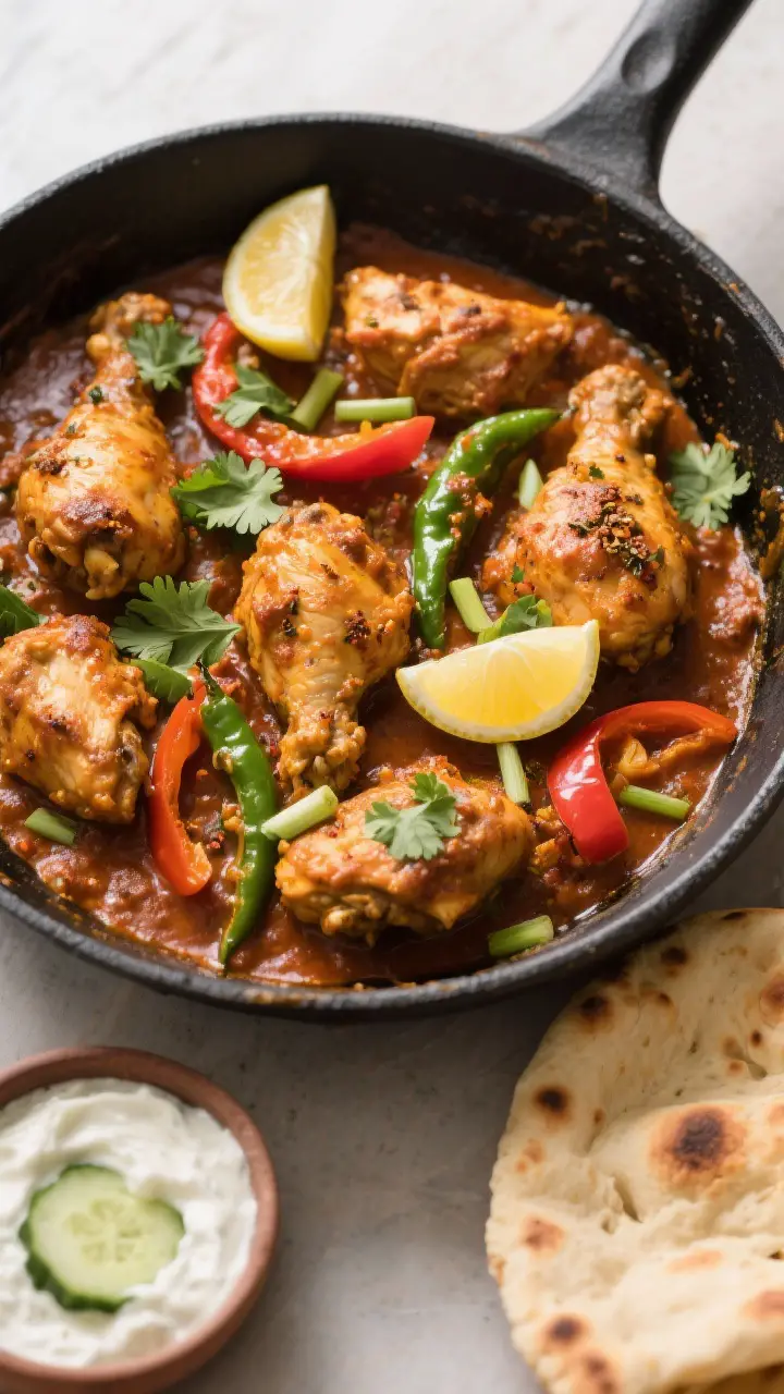Tasty top view: Overhead shot of Chicken Jalfrezi served family-style in a wide black skillet, sauce