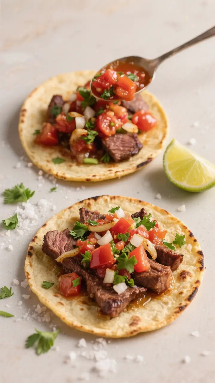 Tasty top view: Overhead shot of chunky salsa roja on tacos al carbon—two corn tortillas topped wi