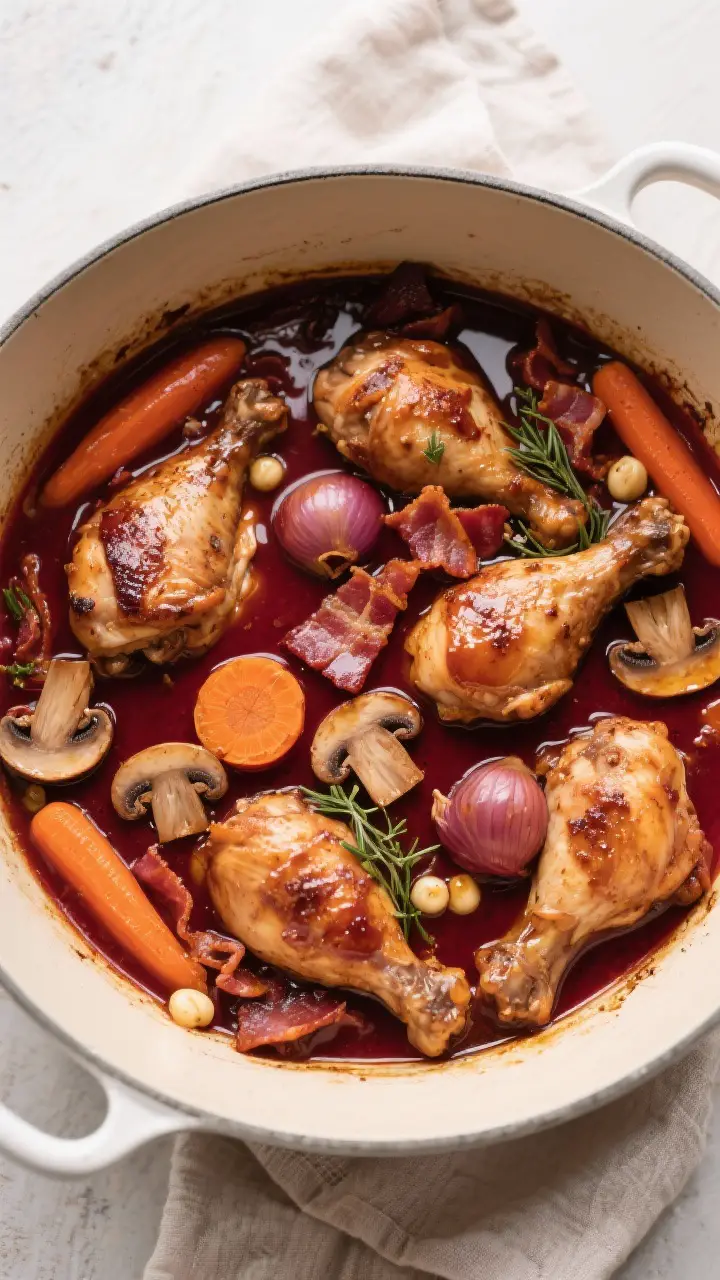 Tasty top view: Overhead shot of coq au vin mid-simmer—tender chicken pieces nestled in a glossy,