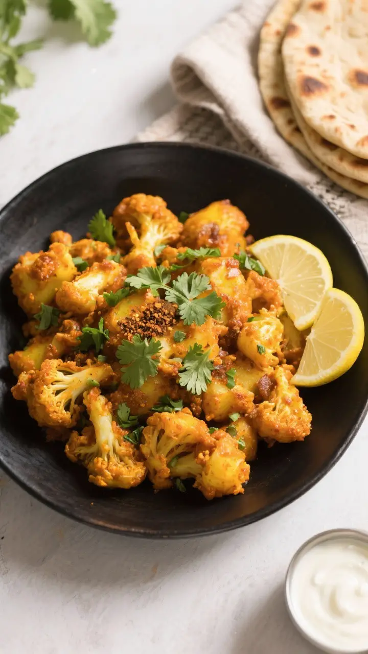 Tasty top view: Overhead shot of finished Aloo Gobi served family-style in a matte black shallow bow