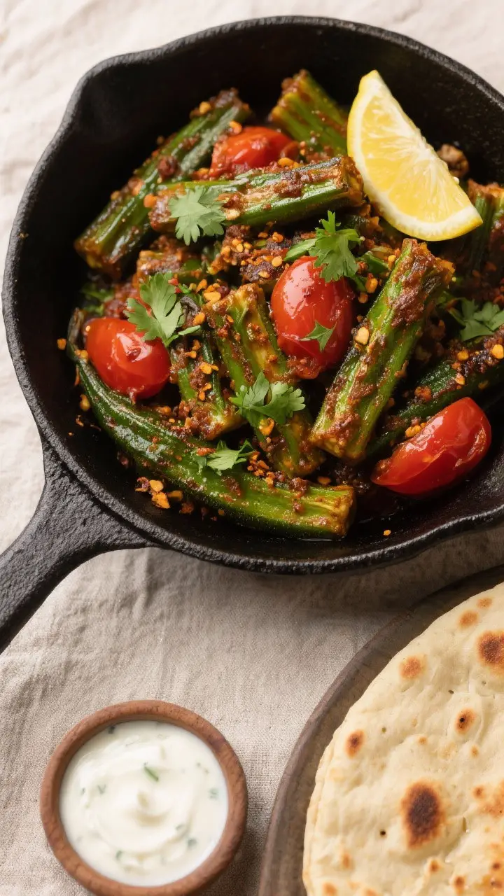 Tasty top view: Overhead shot of finished bhindi masala just after tomatoes have softened—vivid gr