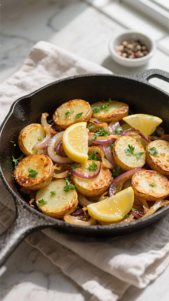 Tasty top view: Overhead shot of finished Lyonnaise potatoes in the skillet, showing evenly browned,
