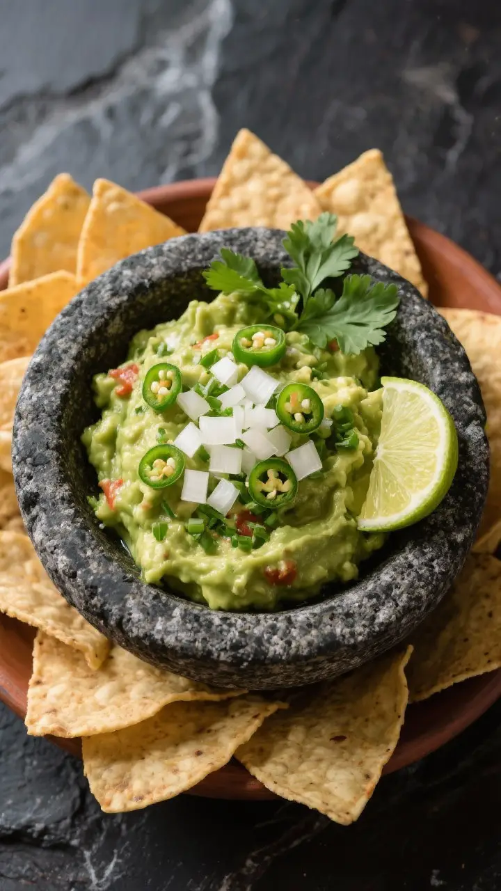 Tasty top view: Overhead shot of finished molcajete guacamole served family-style in the molcajete,
