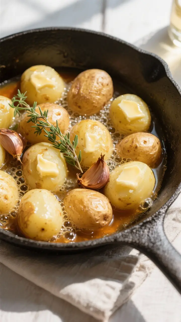 Tasty top view: Overhead shot of fondant potatoes mid-braise, arranged snugly in the skillet with st
