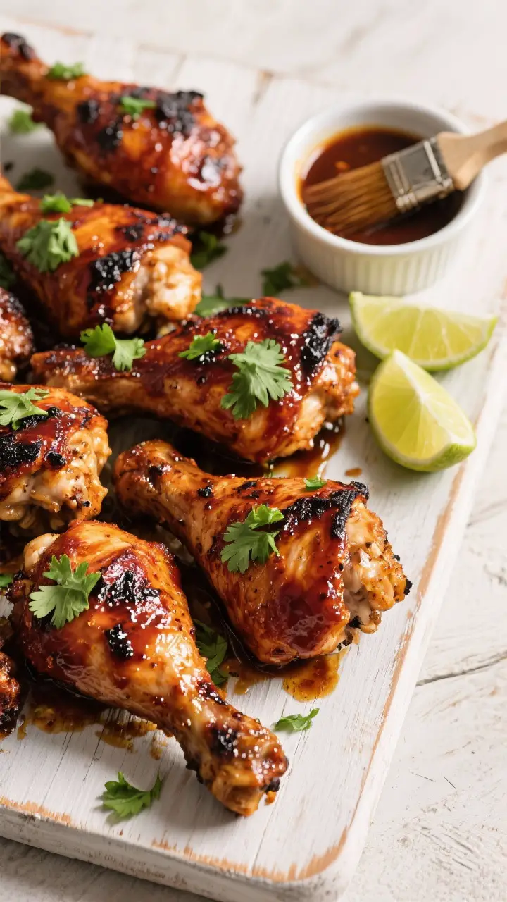 Tasty top view: Overhead shot of grilled chicken thighs just off the grill, coated and lacquered wit