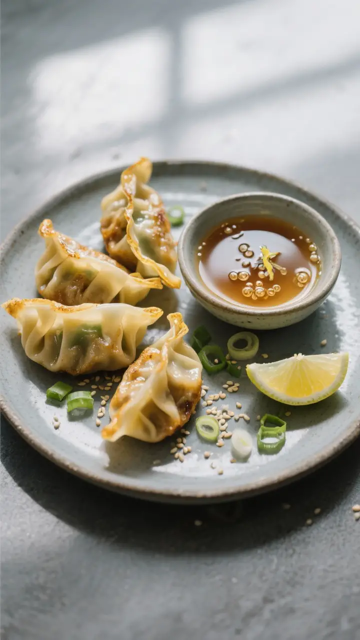 Tasty top view: Overhead shot of gyoza with a small dipping bowl of strained, crystal-clear ponzu sa