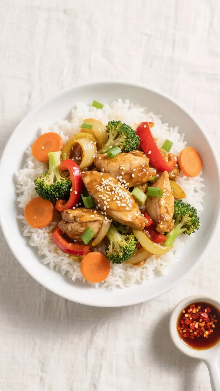 Tasty top view: Overhead shot of Honey Garlic Chicken Stir-Fry served over fluffy steamed jasmine ri