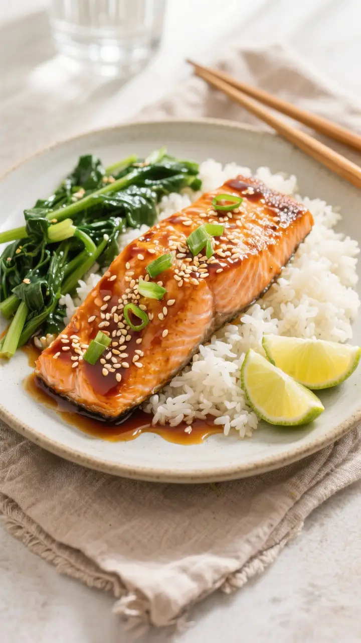 Tasty top view: Overhead shot of Honey Sesame Glazed Salmon plated with steamed jasmine rice and sau
