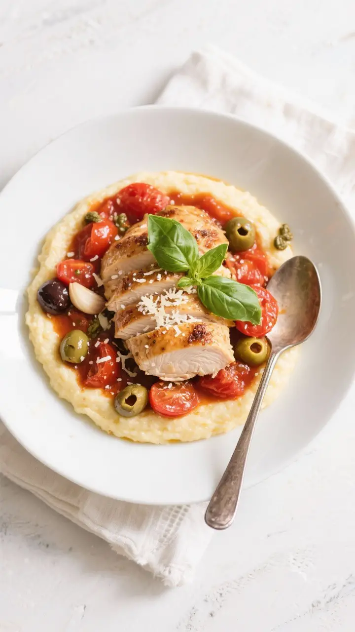 Tasty top view: Overhead shot of Italian Chicken Skillet with Tomatoes spooned over creamy polenta i