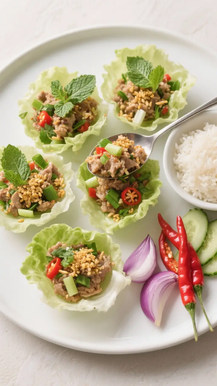 Tasty top view: Overhead shot of Larb Gai spooned into crisp lettuce cups on a matte white platter, 