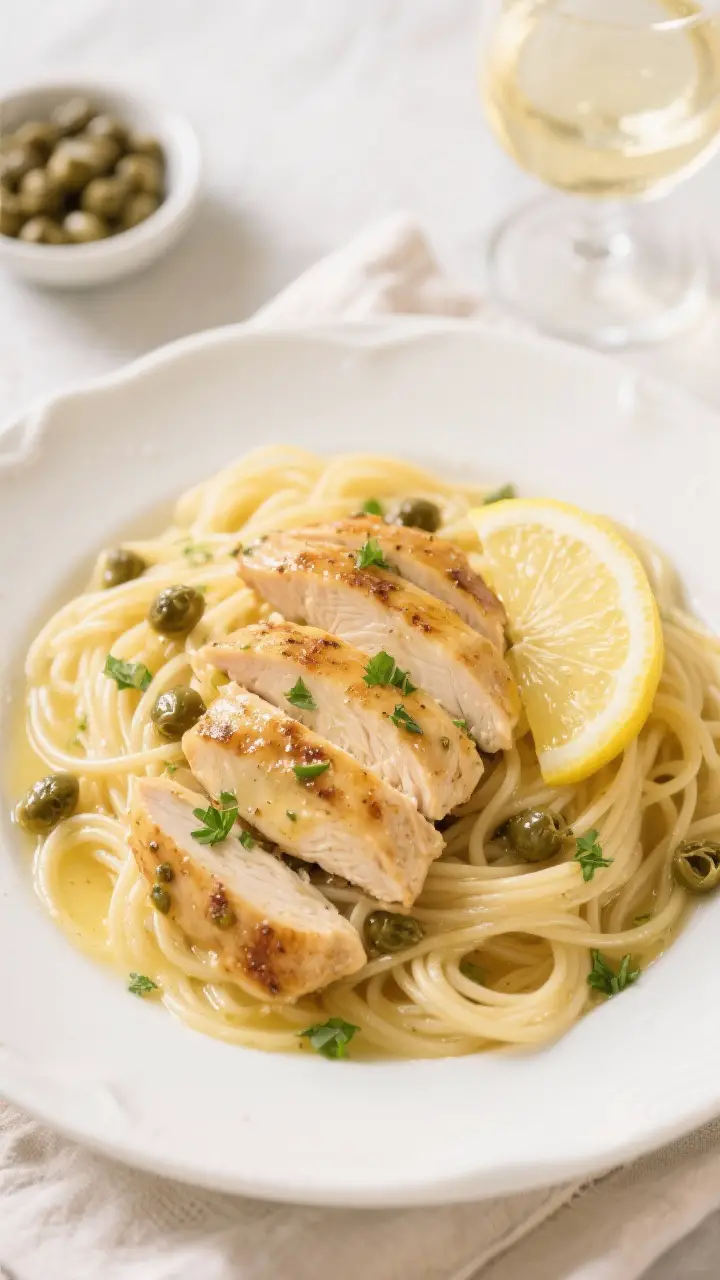 Tasty top view: Overhead shot of lemon butter chicken piccata plated over twirls of al dente angel h