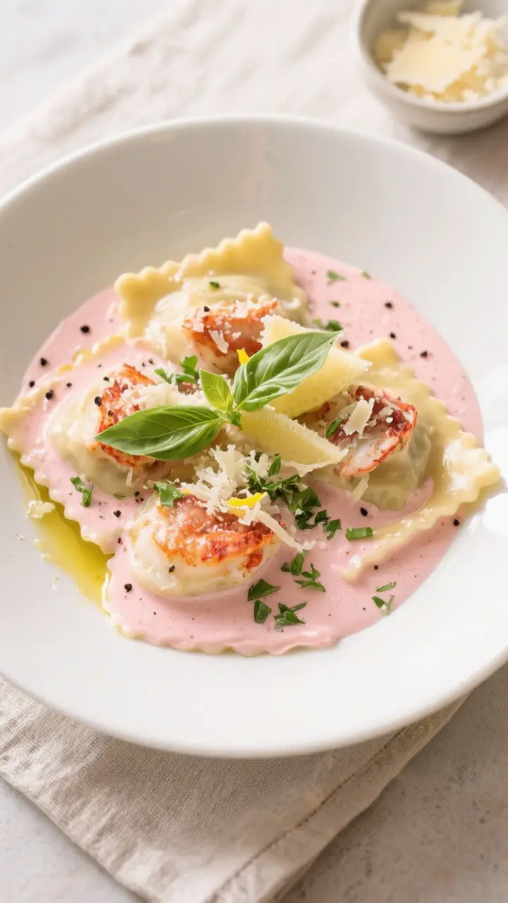 Tasty top view: Overhead shot of lobster ravioli plated in a shallow white bowl, evenly coated but n