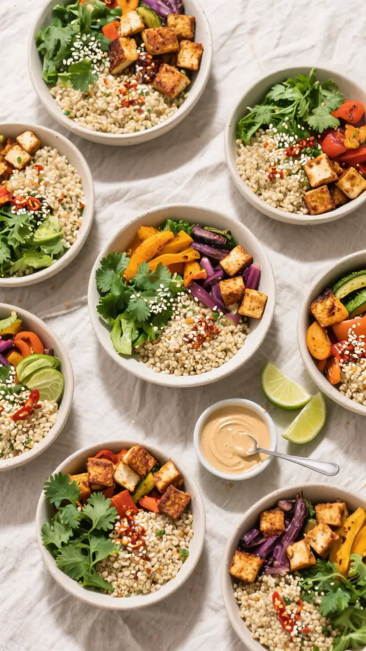 Tasty top-view: Overhead shot of multiple assembled Buddha bowls on a neutral linen, showing colorfu