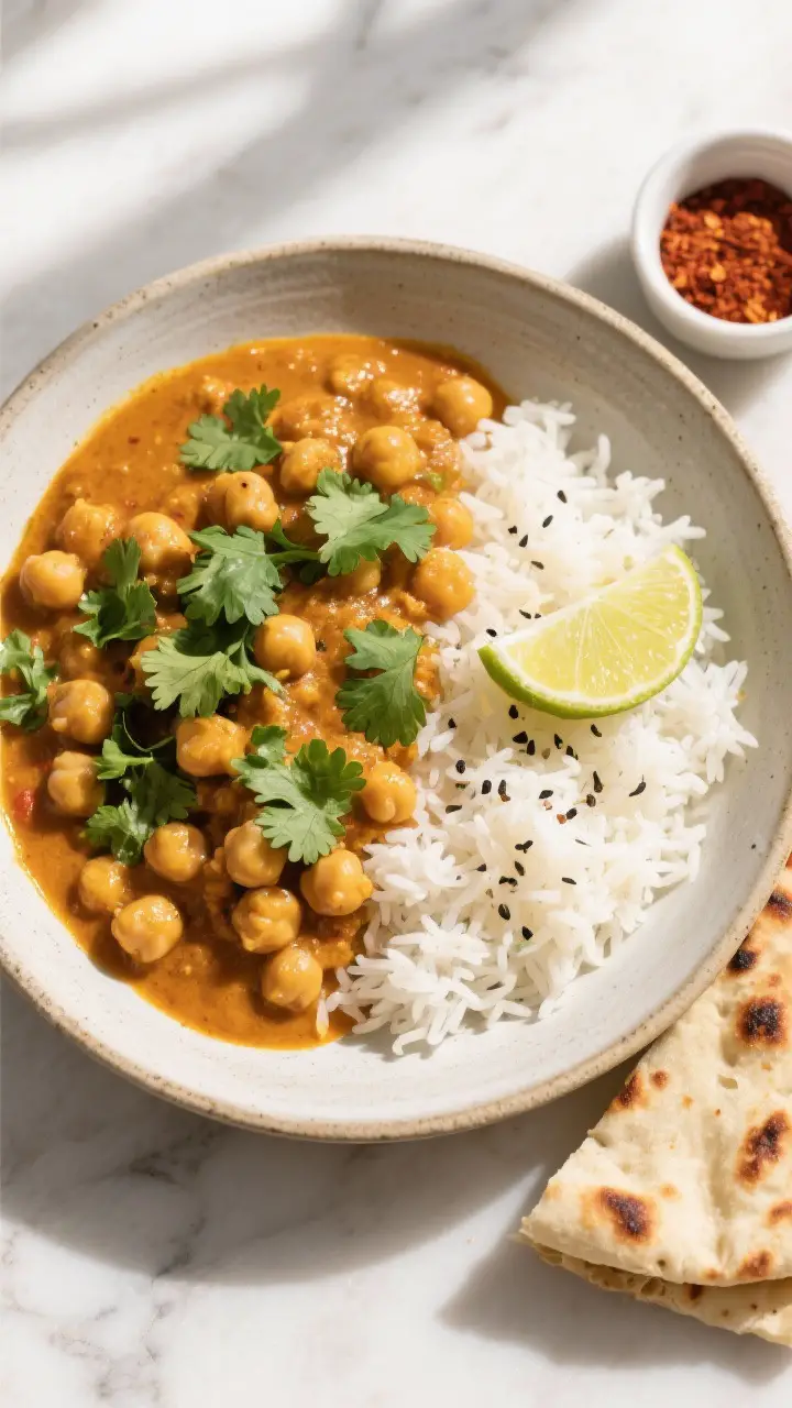 Tasty top view: Overhead shot of one-pot chickpea curry ladled over fluffy white basmati rice in a s