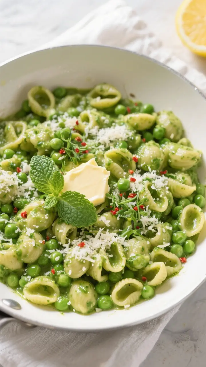 Tasty top view: Overhead shot of orecchiette coated in bright green pea-mint sauce in a wide white s