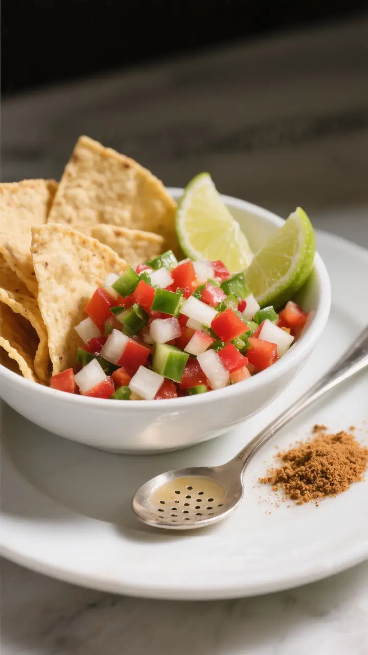 Tasty top view: Overhead shot of pico de gallo served with warm tortilla chips, presented in a wide,