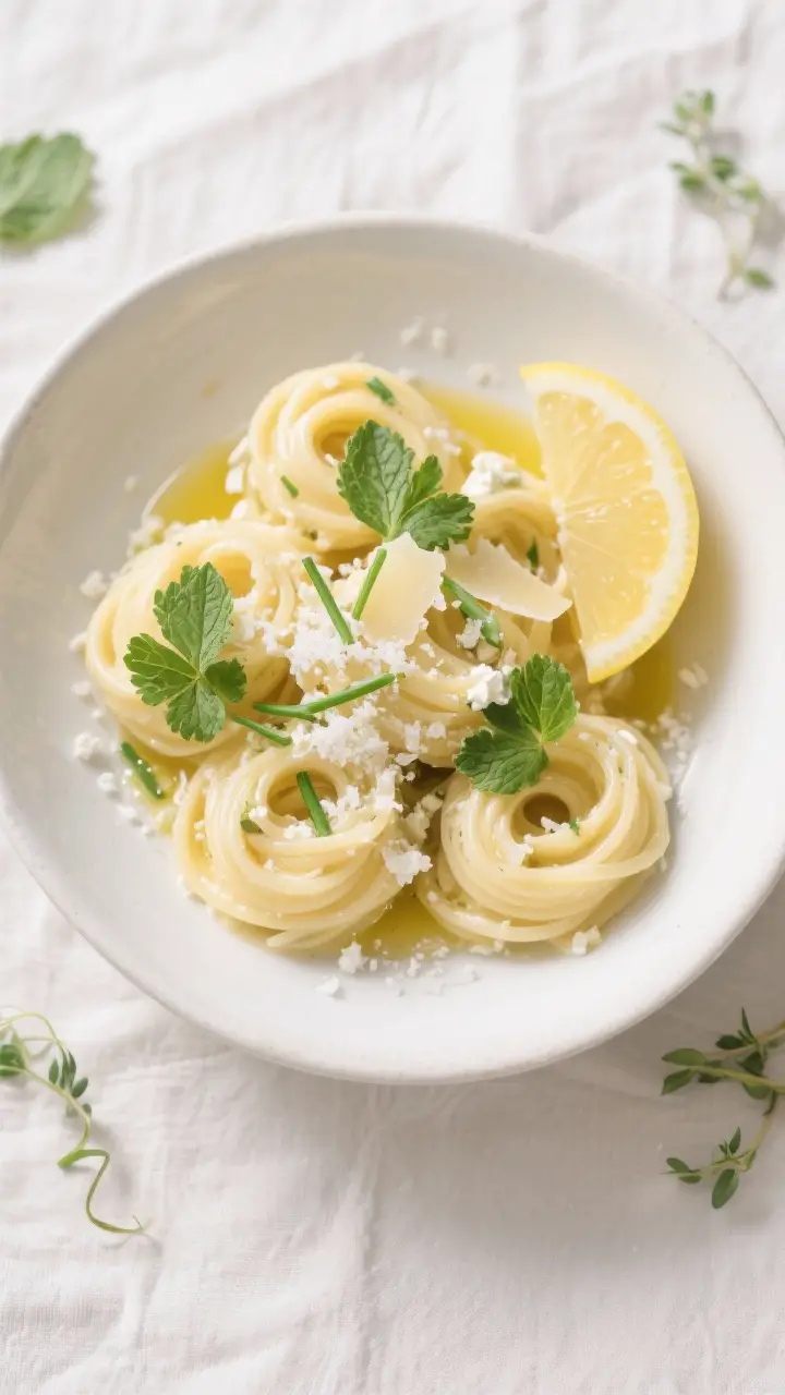 Tasty top view: Overhead shot of plated lemon ricotta pasta twirled into neat nests, sprinkled with