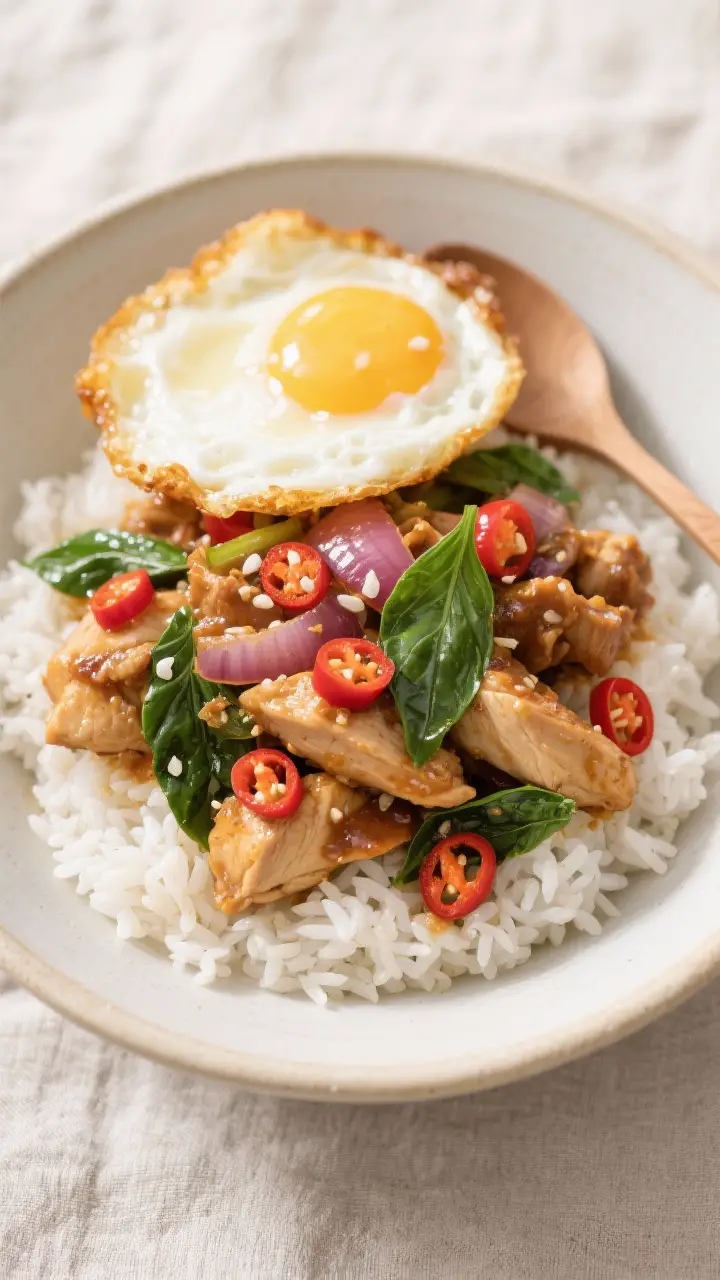 Tasty top view: Overhead shot of Quick Thai Basil Chicken spooned over fluffy jasmine rice in a wide