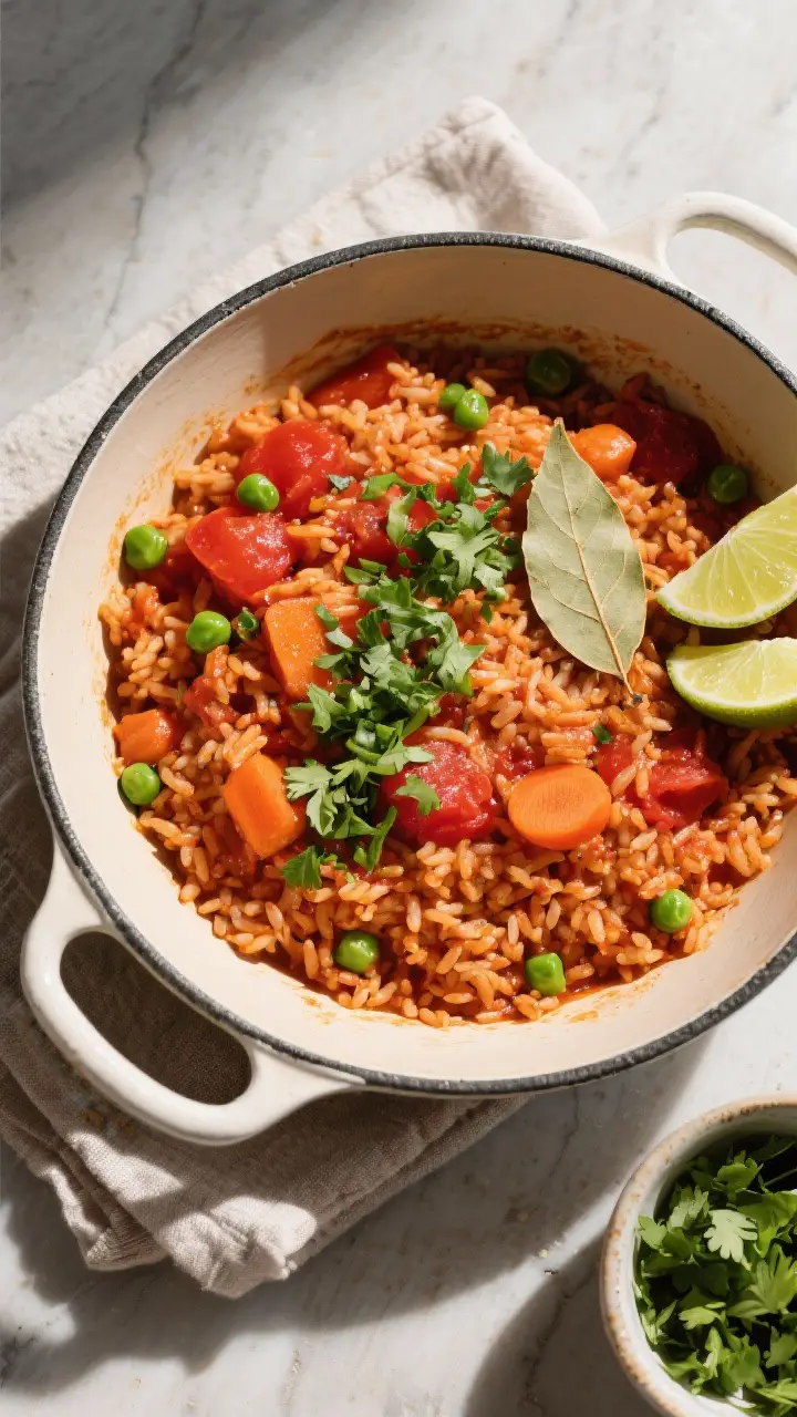 Tasty top view: Overhead shot of restaurant-style Mexican rice served family-style in a wide enamel 