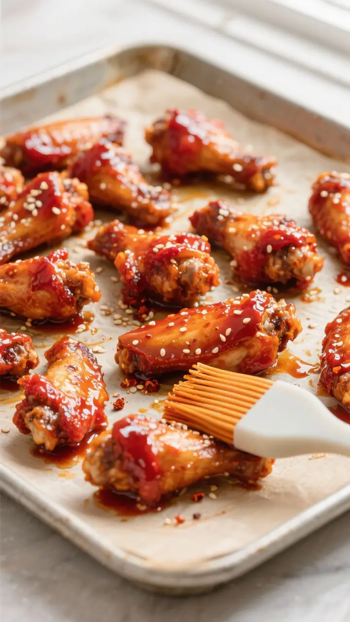 Tasty top view: Overhead shot of sauced wings fresh from the oven/air fryer on a parchment-lined she