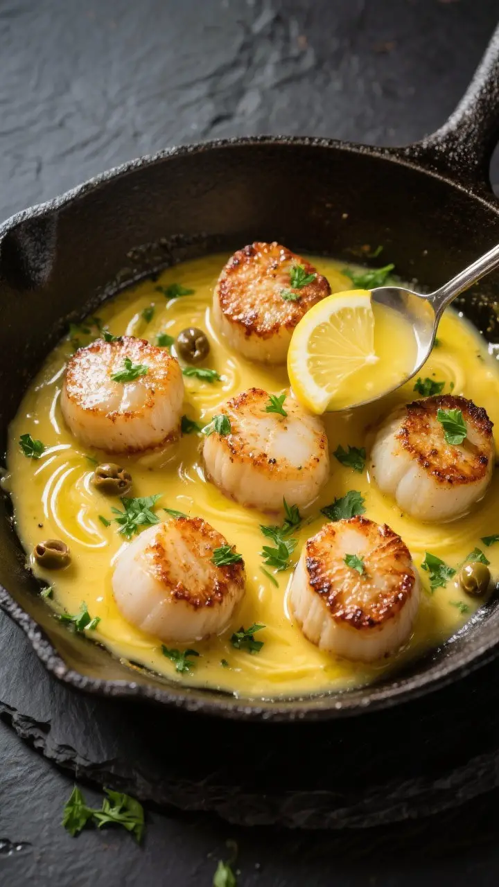 Tasty top view: Overhead shot of seared scallops returned to the pan for the finish, being spoon-bas