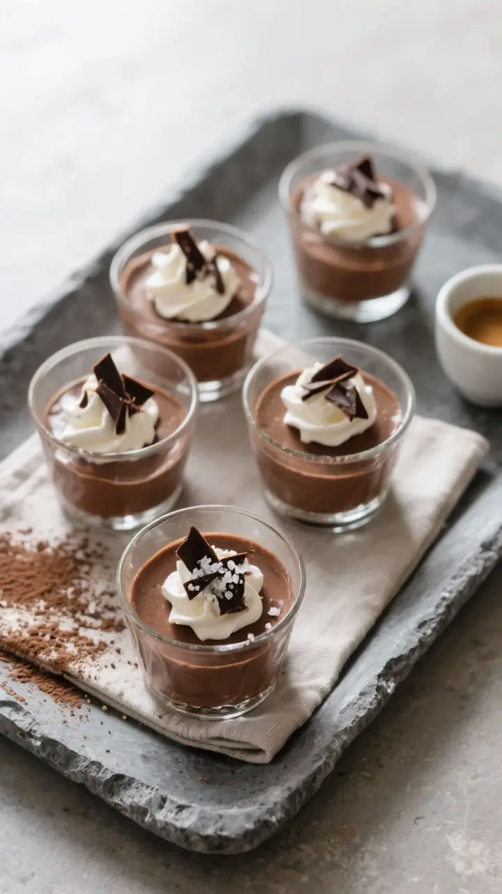Tasty top view: Overhead shot of set chocolate mousse portions in mismatched small glass cups, each
