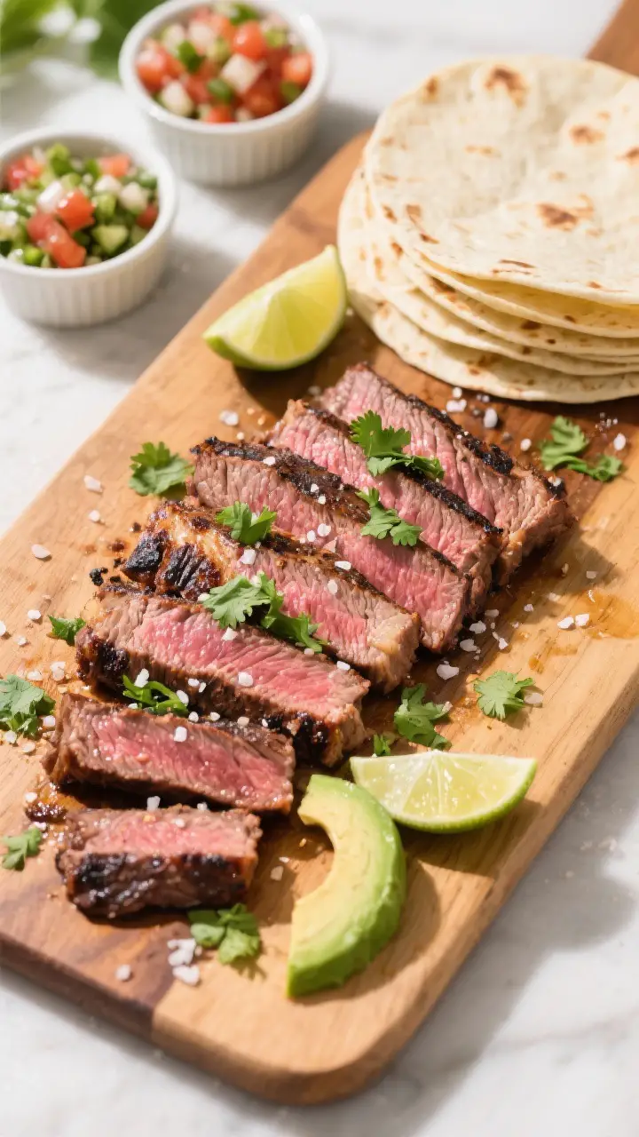 Tasty top view: Overhead shot of sliced carne asada arranged on a wooden cutting board, clearly cut 