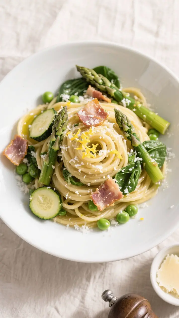 Tasty top view: Overhead shot of Spring Vegetable Carbonara twirled into nests in a wide white bowl,