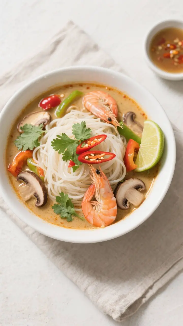 Tasty top view: Overhead shot of Thai Coconut Curry Soup ladled over a nest of rice noodles in a wid