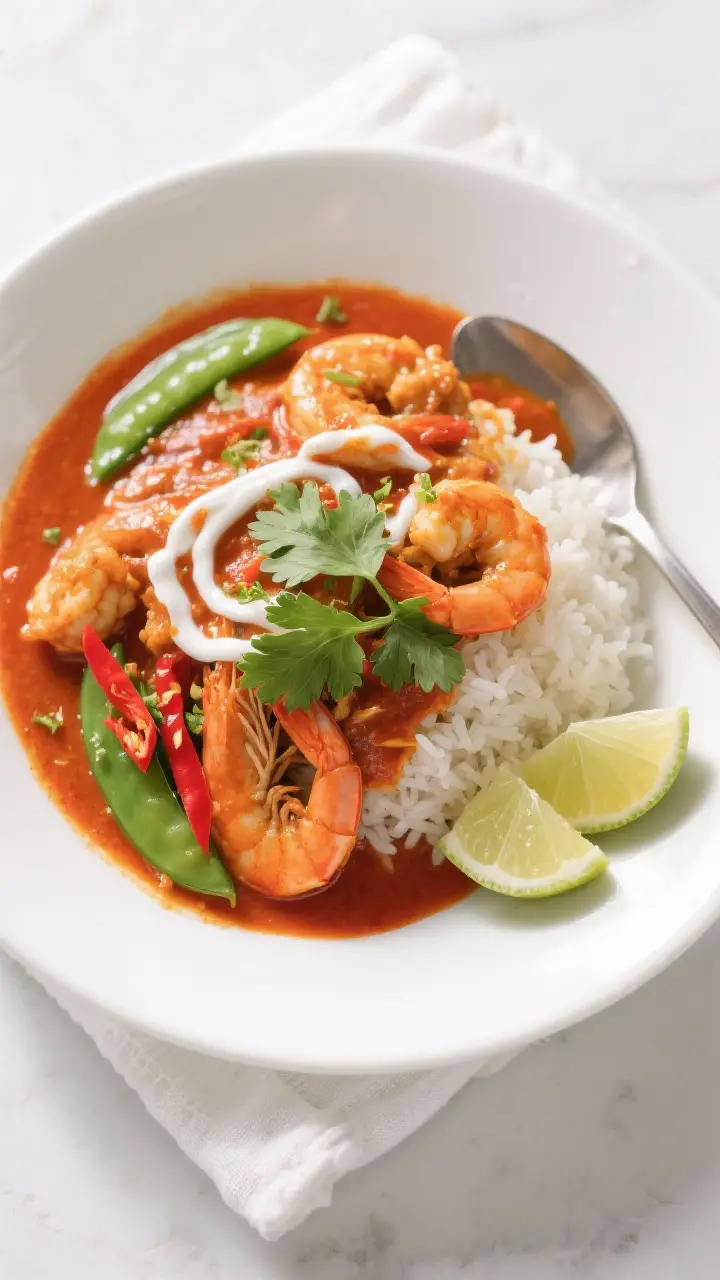 Tasty top view: Overhead shot of Thai Coconut Curry Shrimp ladled over fluffy jasmine rice in a wide