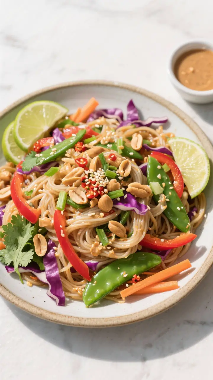 Tasty top view: Overhead shot of Thai Peanut Noodle Salad fully assembled in a large ceramic serving