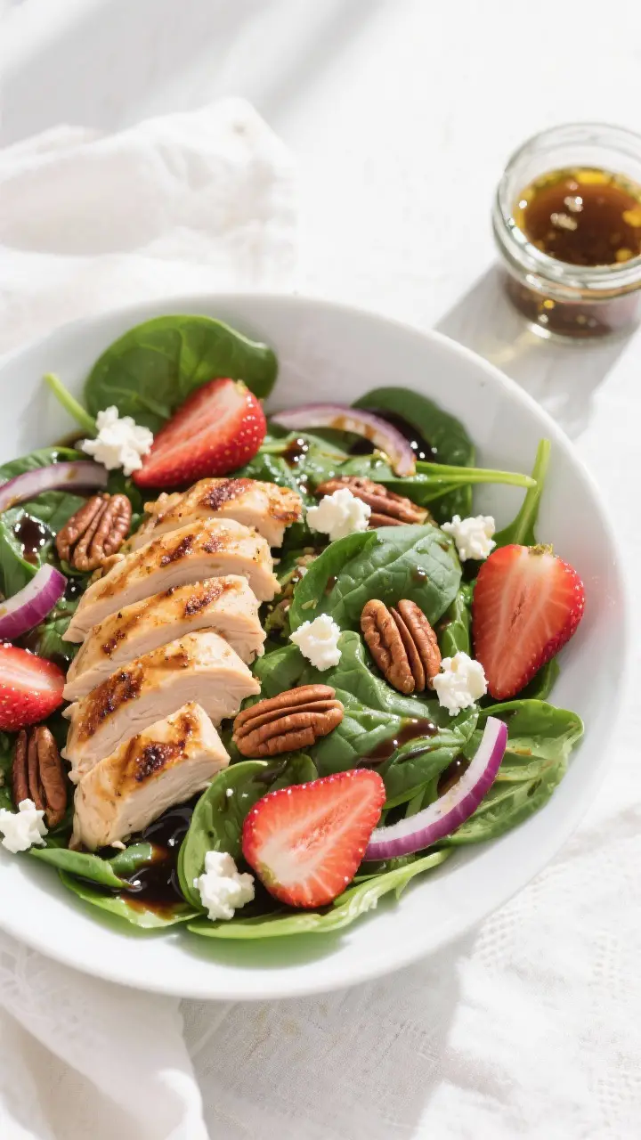 Tasty top view: Overhead shot of the assembled Strawberry Spinach Salad with Grilled Chicken in a wi