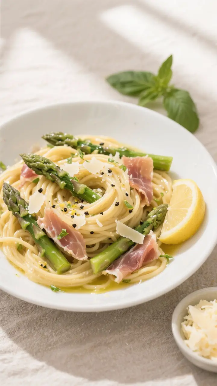 Tasty top view: Overhead shot of the finished Asparagus and Prosciutto Pasta twirled into a shallow 