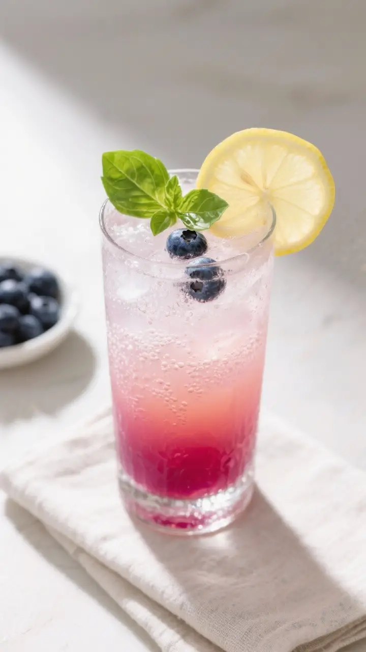 Tasty top view: Overhead shot of the finished Berry Basil Sparkler in a tall highball packed with fr
