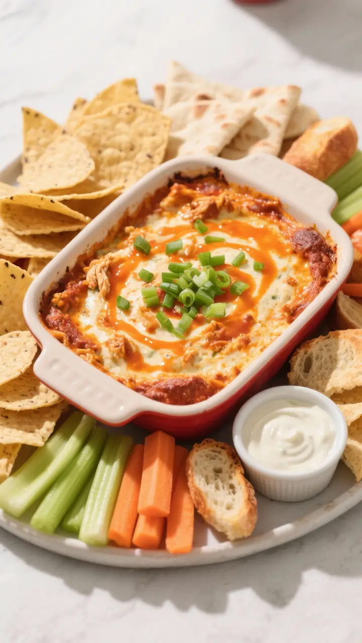Tasty top view: Overhead shot of the finished Buffalo Chicken Dip set up for serving, centered bakin