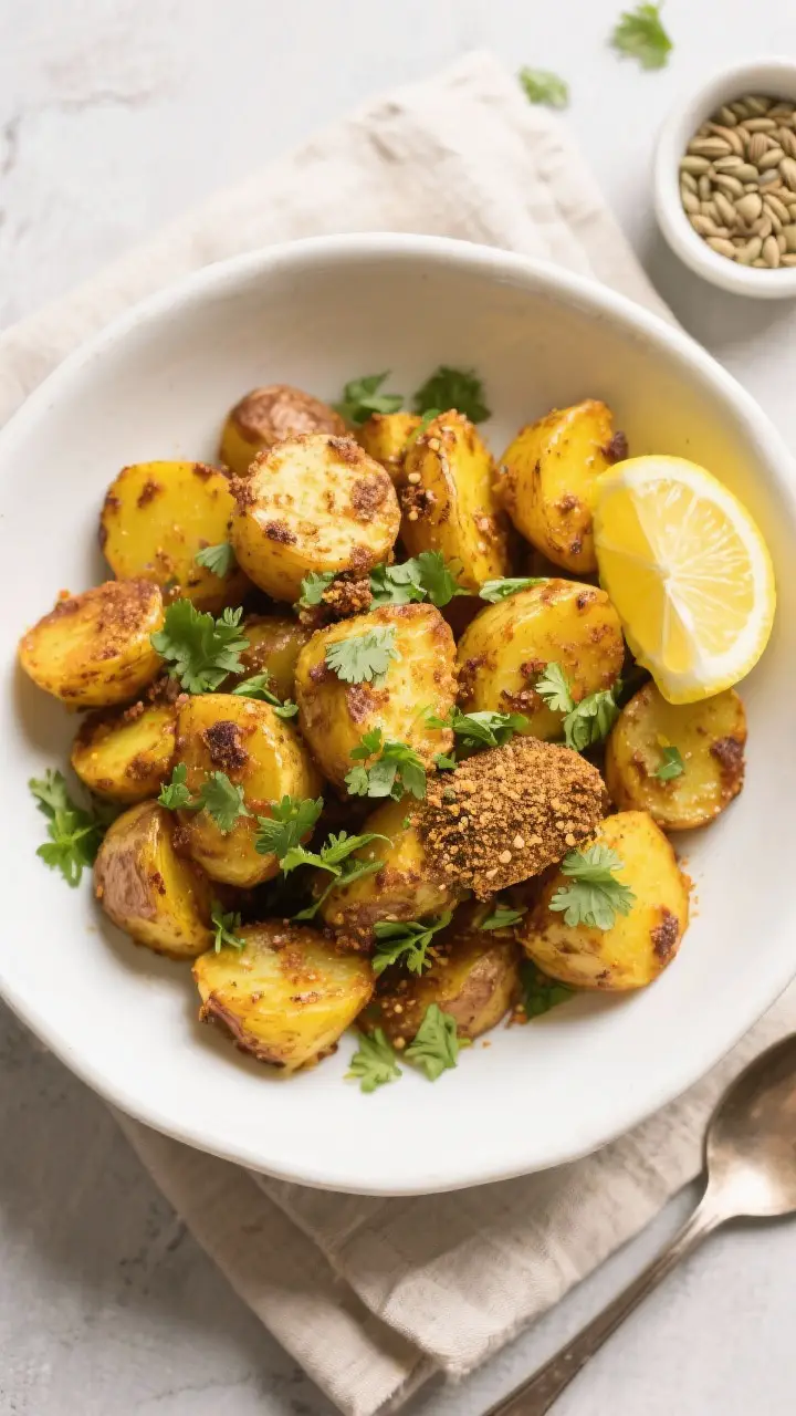 Tasty top view: Overhead shot of the finished Jeera Aloo in a low, wide white serving bowl; vibrant 