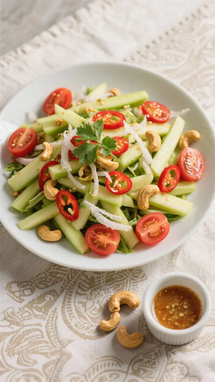 Tasty top view: Overhead shot of the finished salad ready to serve, showing uniform thin matchsticks