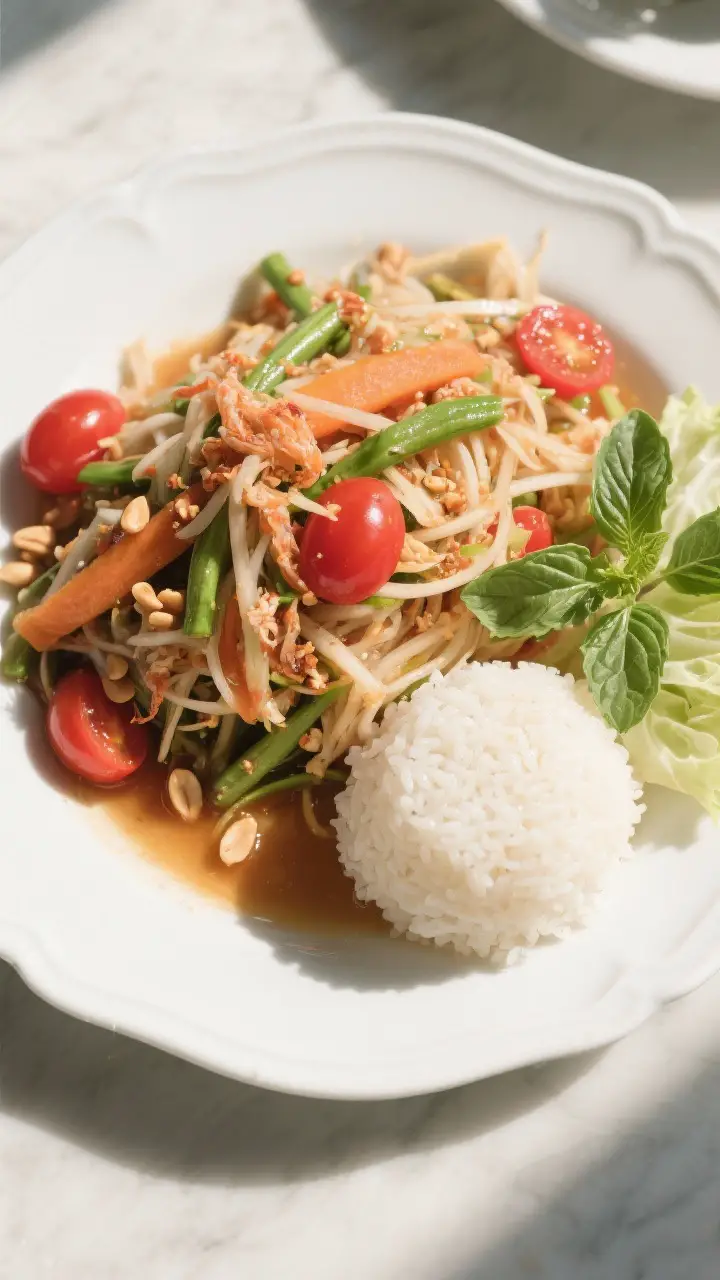 Tasty top view: Overhead shot of the finished Som Tum Thai piled high on a white ceramic plate, vibr