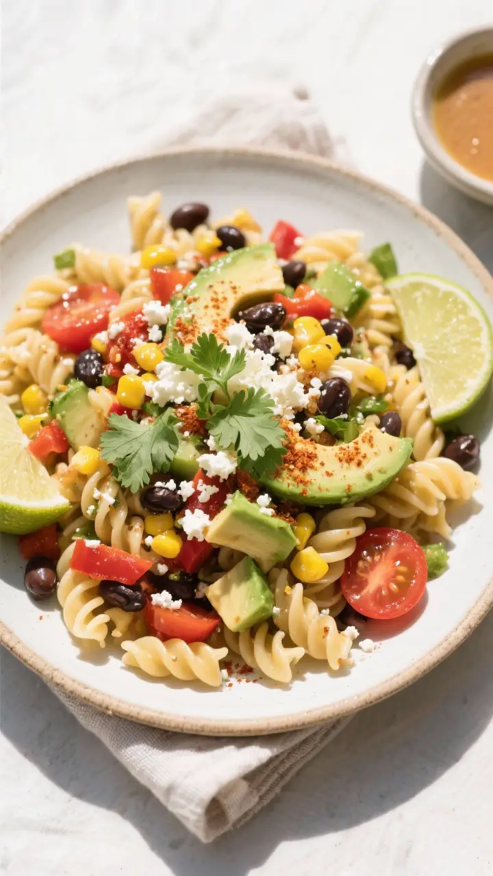 Tasty top view: Overhead shot of the finished Southwest Pasta Salad in a wide, shallow ceramic servi