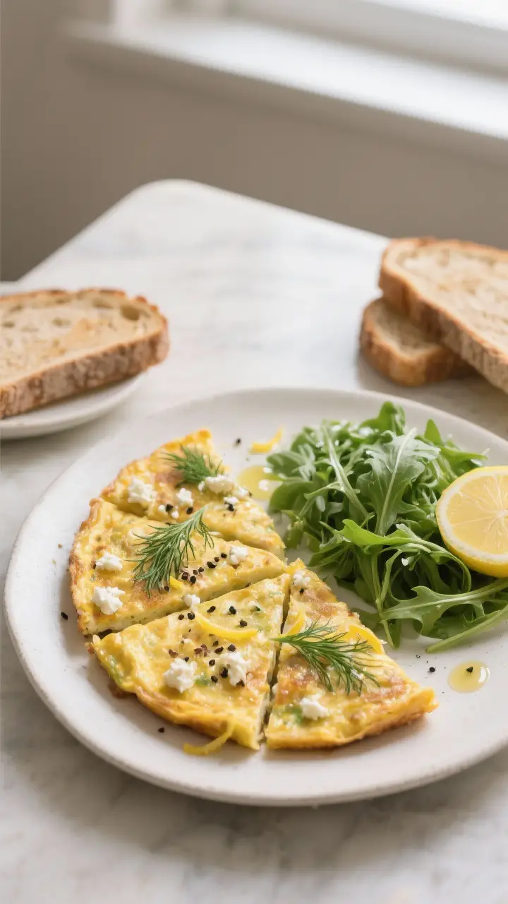 Tasty top view: Overhead shot of the frittata sliced into neat wedges on a matte white plate, garnis