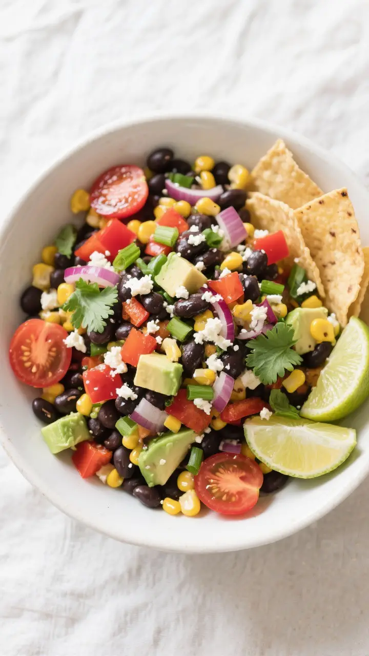 Tasty top view: Overhead shot of the fully tossed Southwest Black Bean Salad in a wide white ceramic