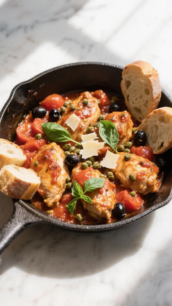 Tasty top view: Overhead shot of the Italian Chicken Skillet with Tomatoes just finished on the stov