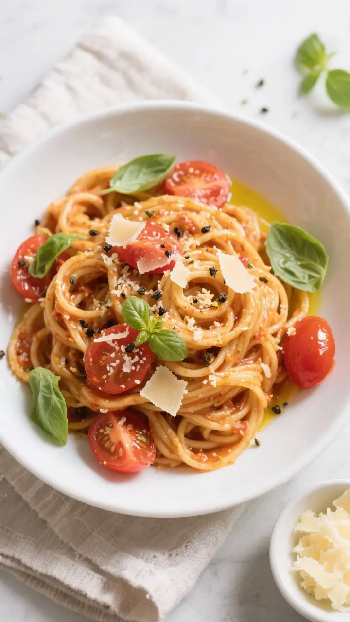 Tasty top view: Overhead shot of Tomato Basil Pasta twirled into loose nests in a wide white bowl, g