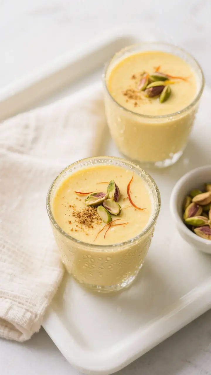 Tasty top view: Overhead shot of two mango lassi glasses topped with a delicate dusting of ground ca