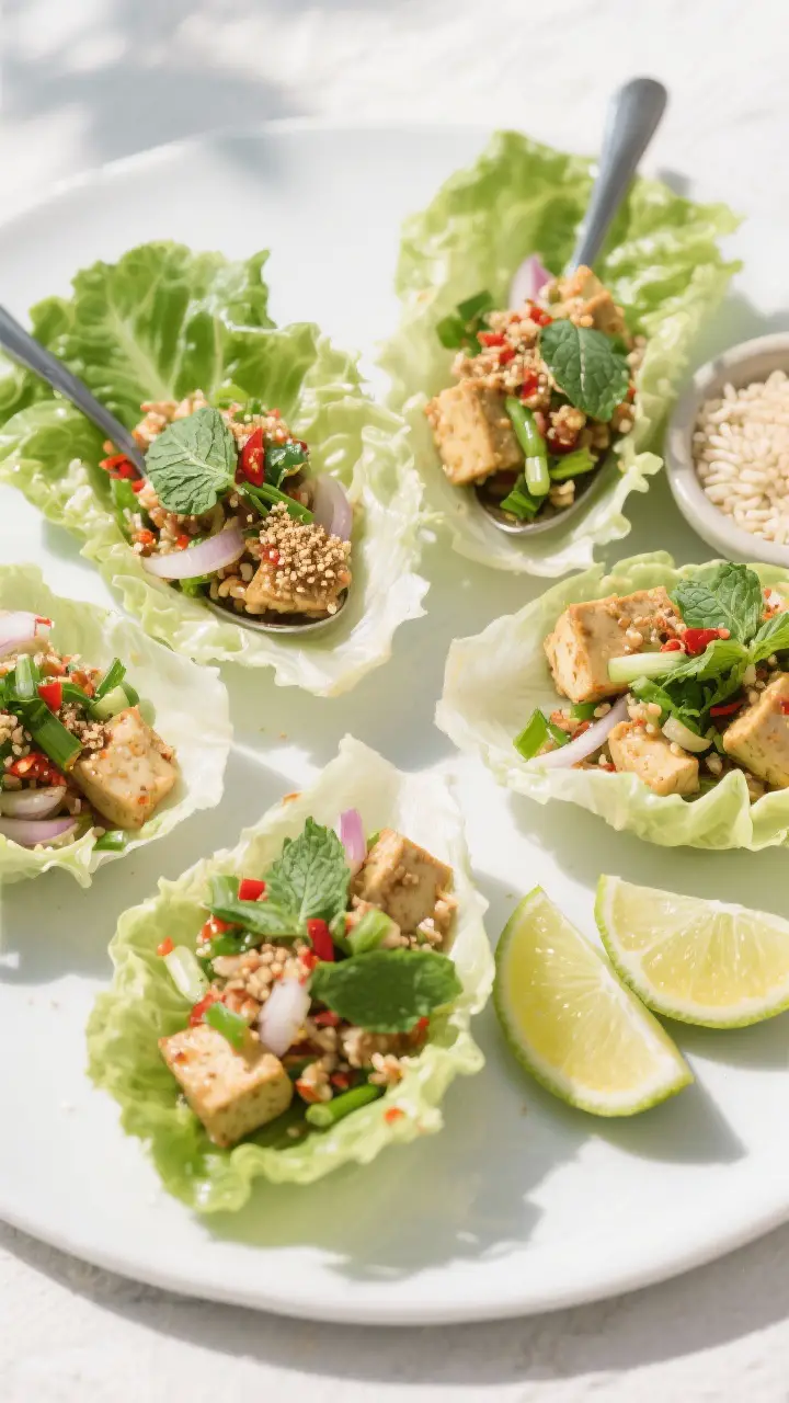 Tasty top view: Overhead shot of vegan larb tofu spooned into crisp butter lettuce cups, warmly tint