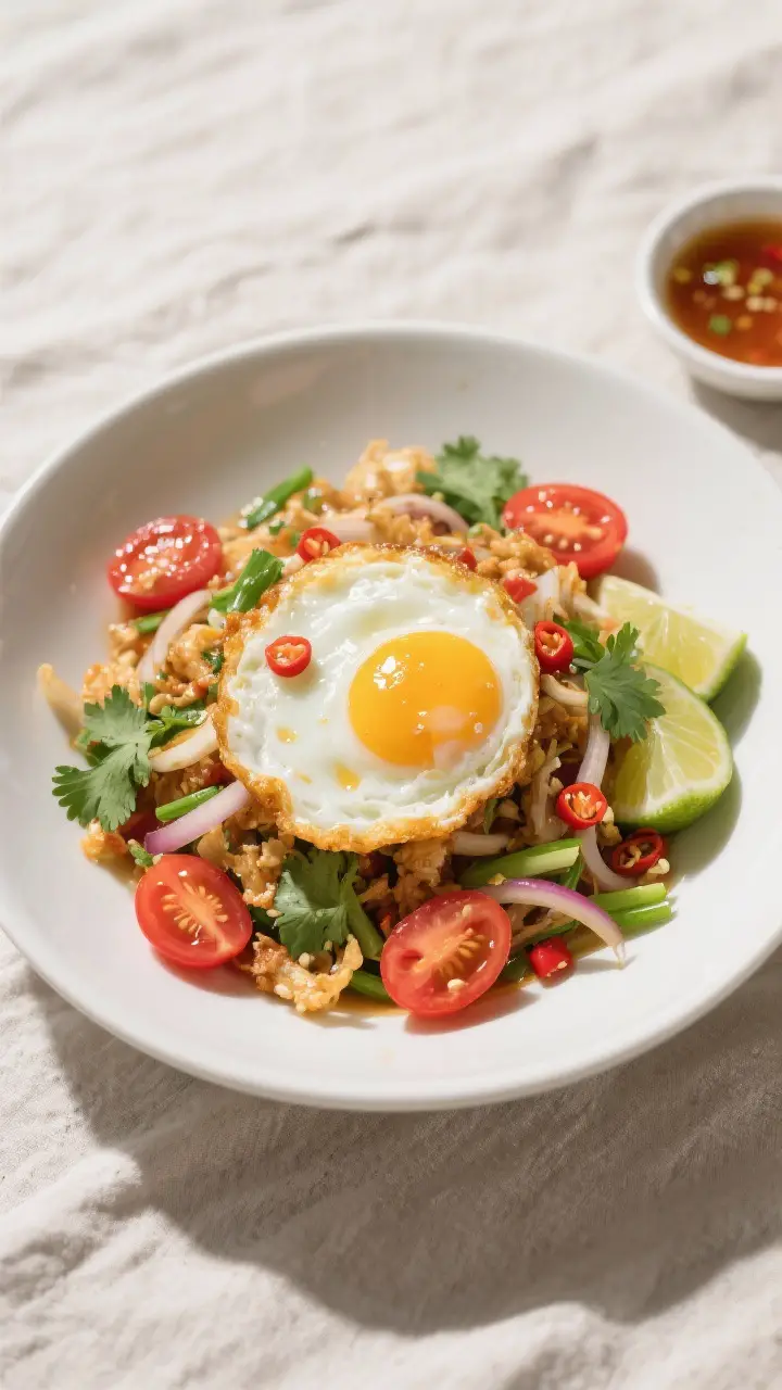 Tasty top view: Overhead shot of Yum Kai Dao just tossed—quartered crispy fried eggs with jammy yo