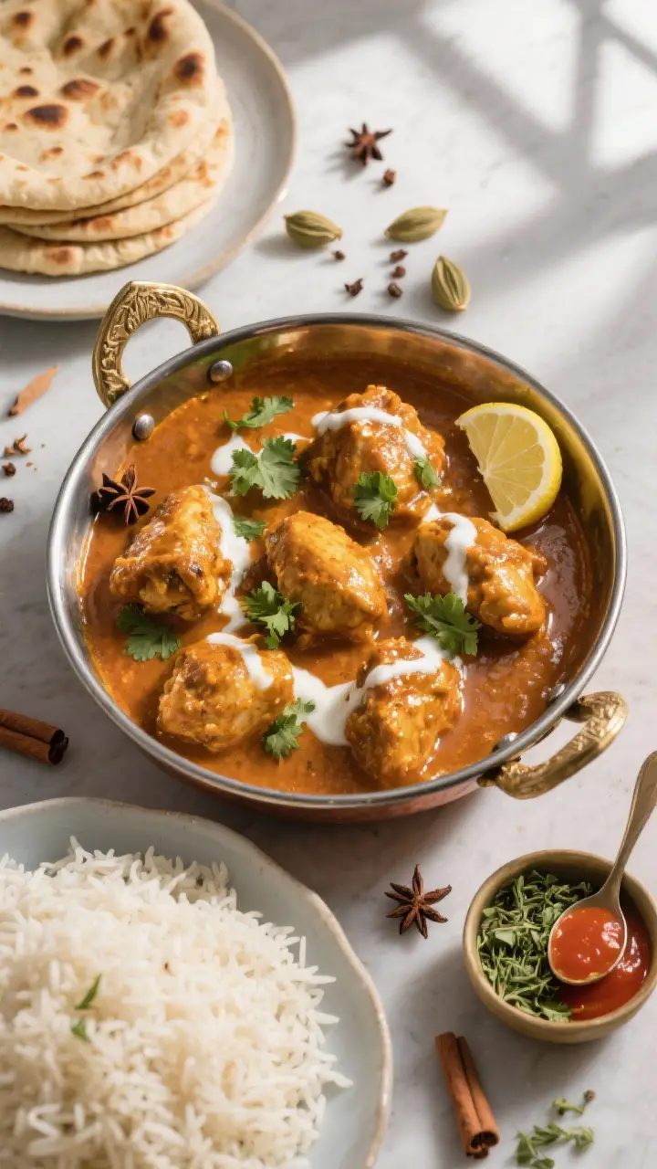 Tasty top view, overhead spread: Overhead shot of a family-style serving of butter chicken in a bras